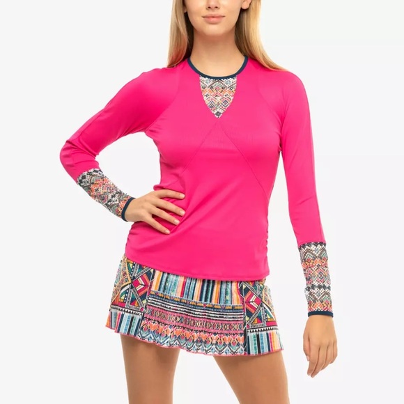 Lucky in Love Pink Ink Print Long Sleeve Pull Over Top Small - Picture 2 of 9